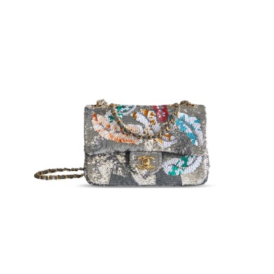 CHANEL MINI CLASSIC 11.12 HANDBAG EMBROIDERED SATIN, SEQUINS, GLASS PEARLS 356014 (20*13*7cm)